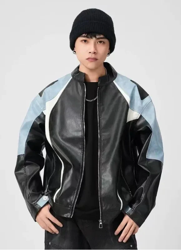 Y2K Windproof Loose Casual PU Leather Race Jacket - Luxuryurbanwear
