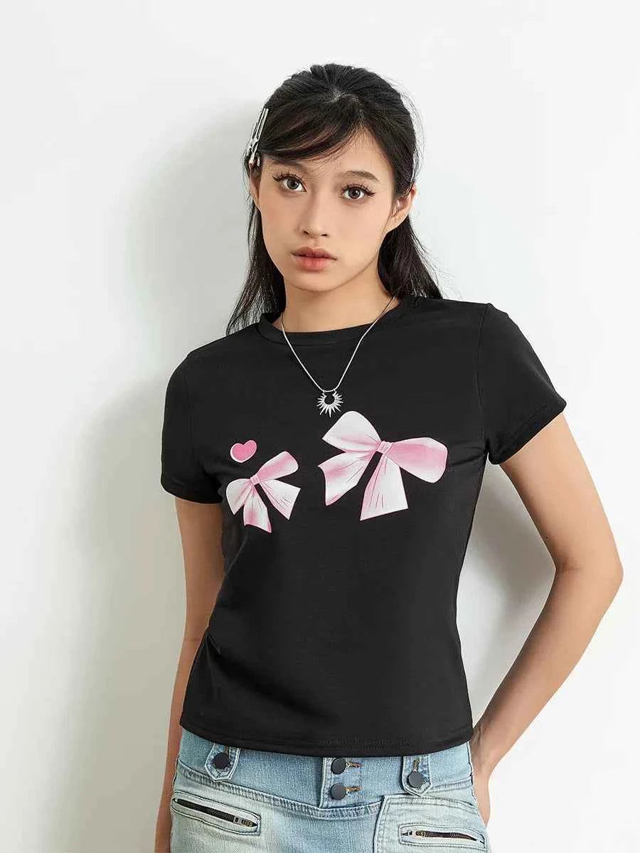 Soft Touch Bow Print Slim Fit Short T-Shirt