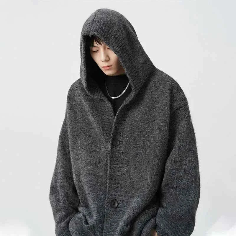 Vintage Cool Cozy Gray Hooded Knitted Cardigan
