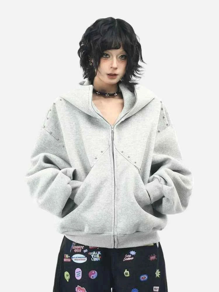 Rivet Patchwork Loose Ears Hooded Gothic Sweatshirt