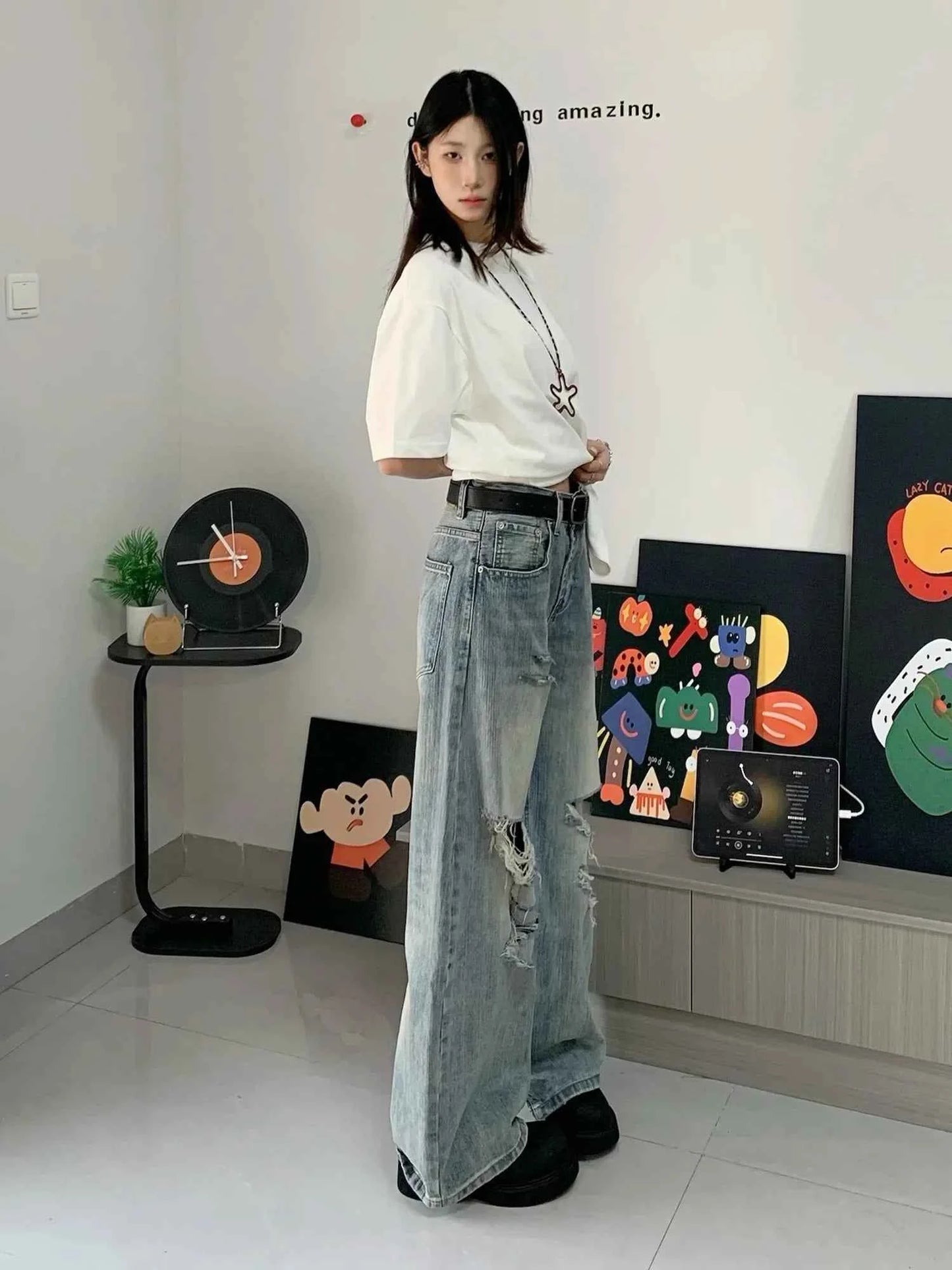 Streetwear Bamboo Joint Ripped Loose Jeans