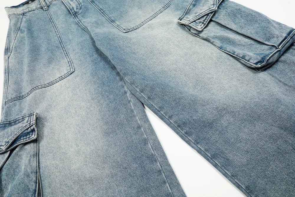 Streetwear Distressed Multi Pocket Wide Leg Denim Jeans