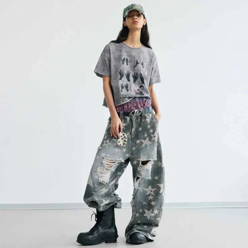 Star Printed Streetwear Wide Leg Denim Jeans