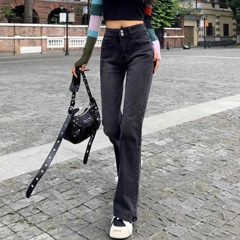 Durable Streetwear High Waist Elastic Flare Jeans