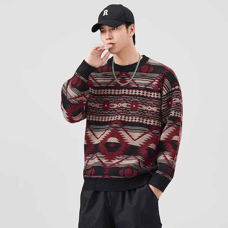 Geometric Pattern Crew Neck Knitted Sweater
