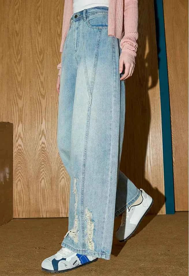 Durable High Waist Distressed Straight Leg Jeans
