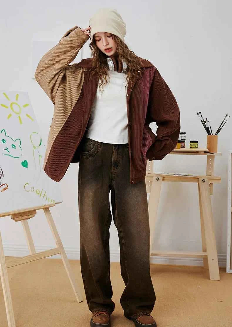 Streetwear Striped Colorblock Corduroy Baseball Jacket