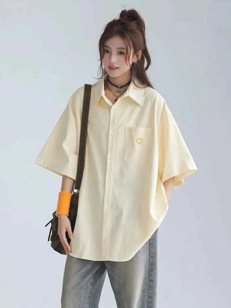 Women Streetwear Vintage Cute Yellow Striped Loose Shirt