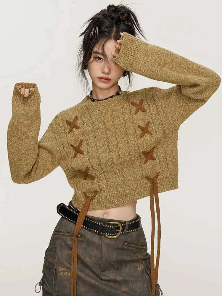 Women Vintage Hip Hop Retro Knitted Lace-Up Sweater
