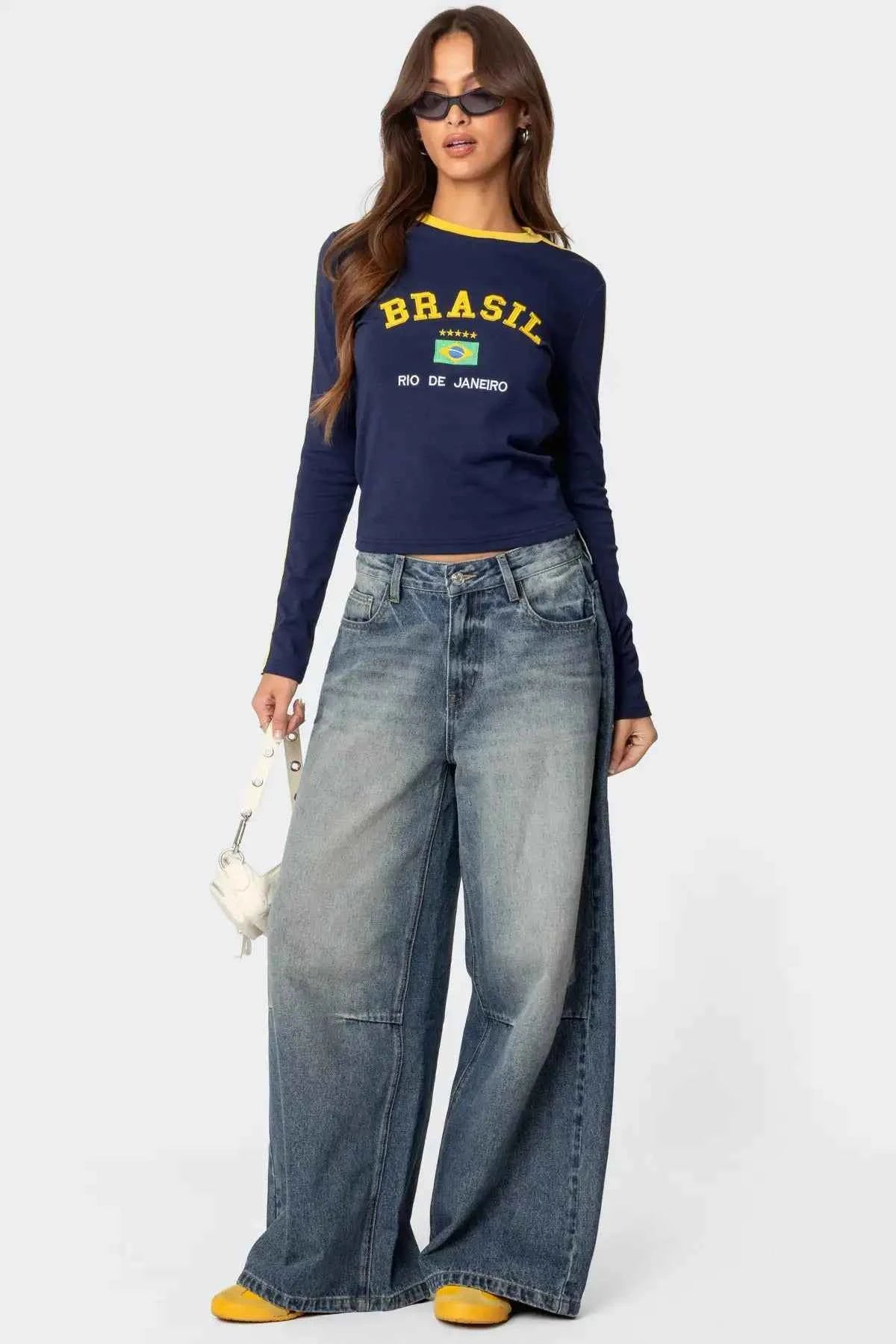 Brazilian Vintage Letter Print Crop T-Shirt