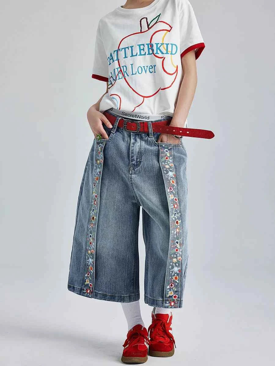 Vintage Wash Floral Print Denim Jorts