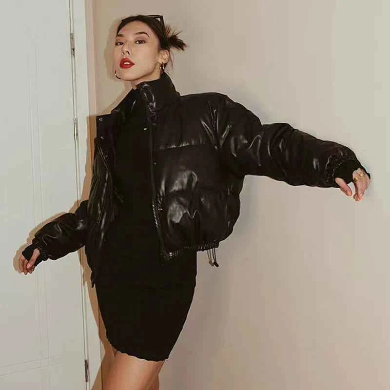 Women Stylish Black PU Winter Leather Jacket
