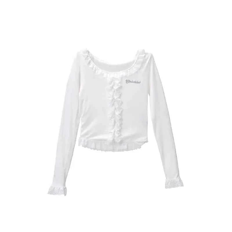 Women Spicy Lace Trim Long Sleeve T-shirt