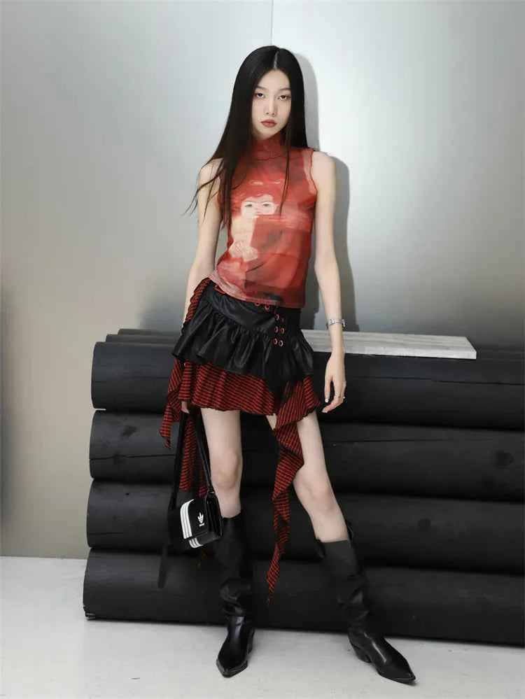 Bold Red Mesh Graphic Tank T-Shirt