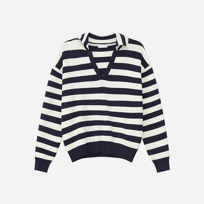 Contrast Color Loose Fit V-Neck Knitted Sweater