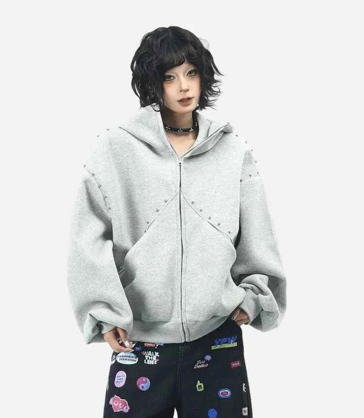 Rivet Patchwork Loose Ears Hooded Gothic Sweatshirt