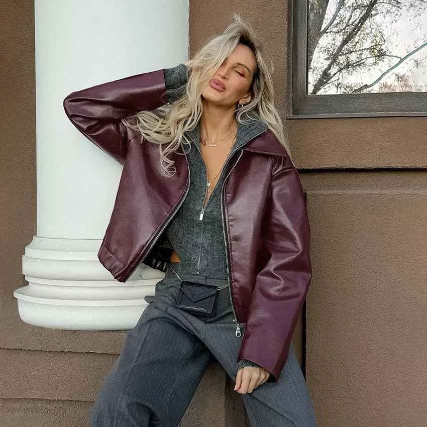 Women Retro Motorcycle Style Red Leather Jacket