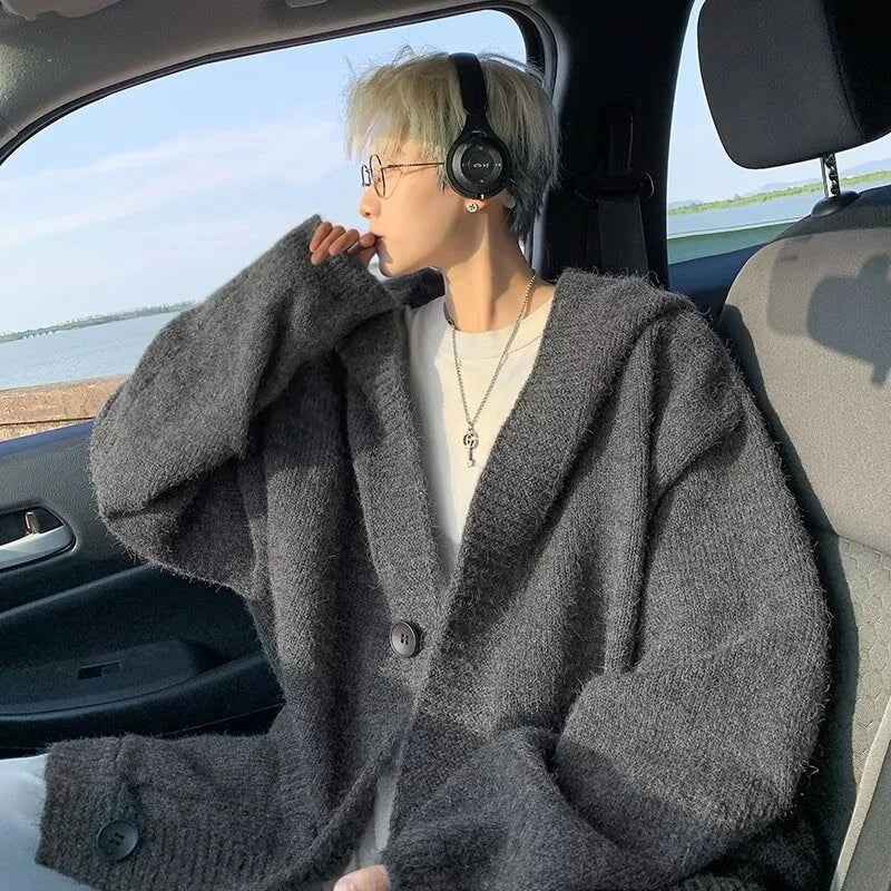 Men's Comfort Cozy Gray Knitted Hooded Cardigan