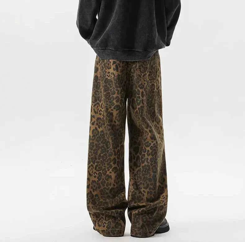 Streetwear Leopard Print Wide Leg Denim Jeans