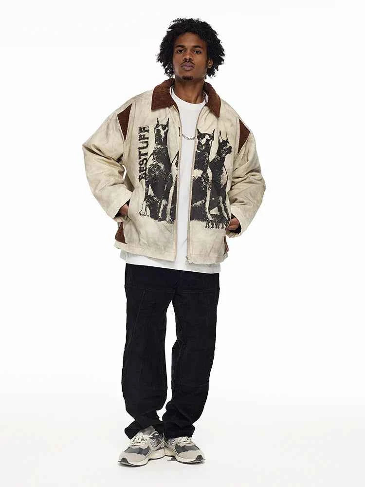 Cozy Distressed Dog Head Graffiti Lapel Jacket