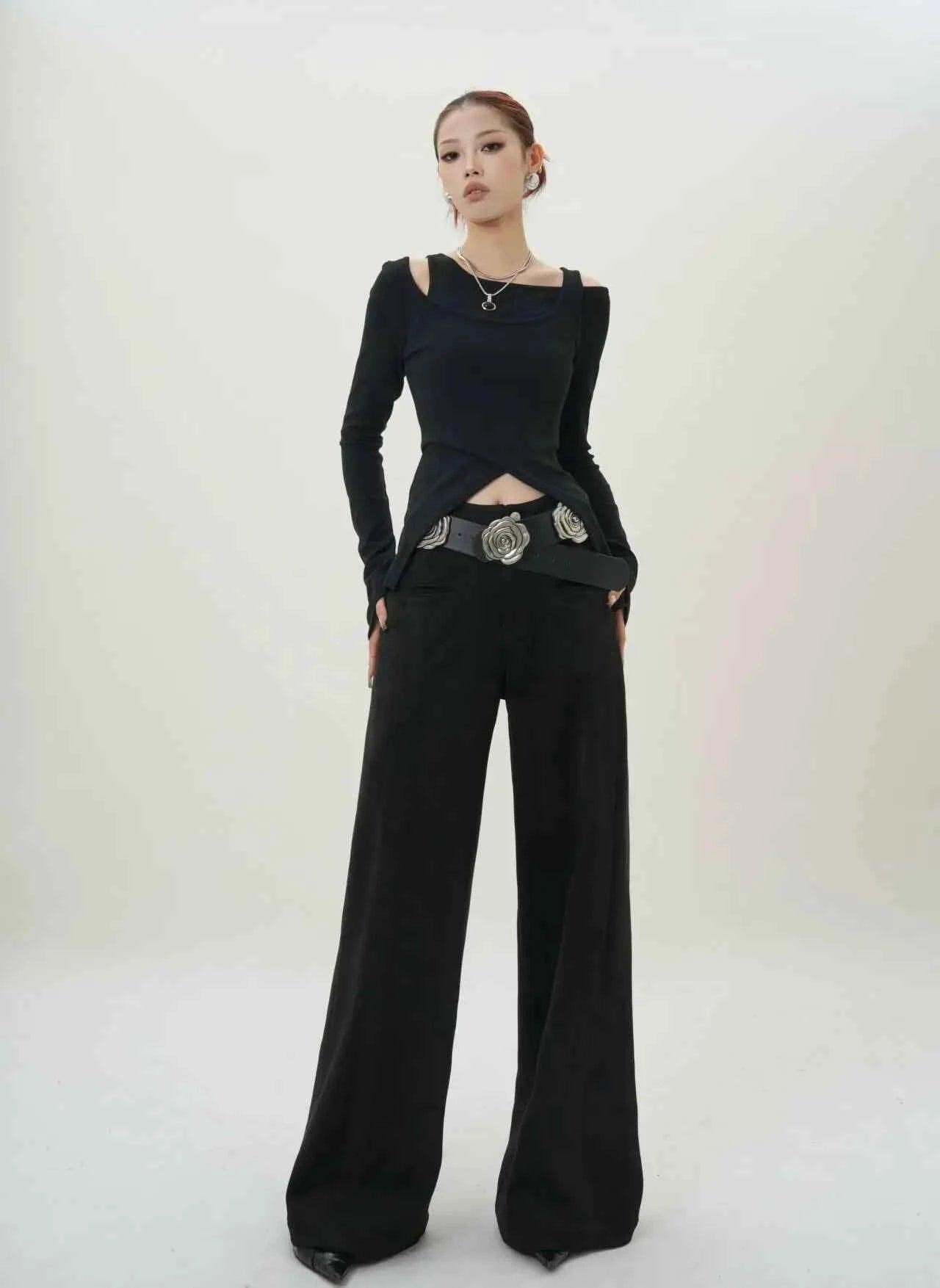 Black Irregular Slim Long Sleeve T-Shirt
