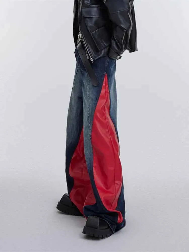 Streetwear Red Patchwork Baggy Wide Leg Jeans