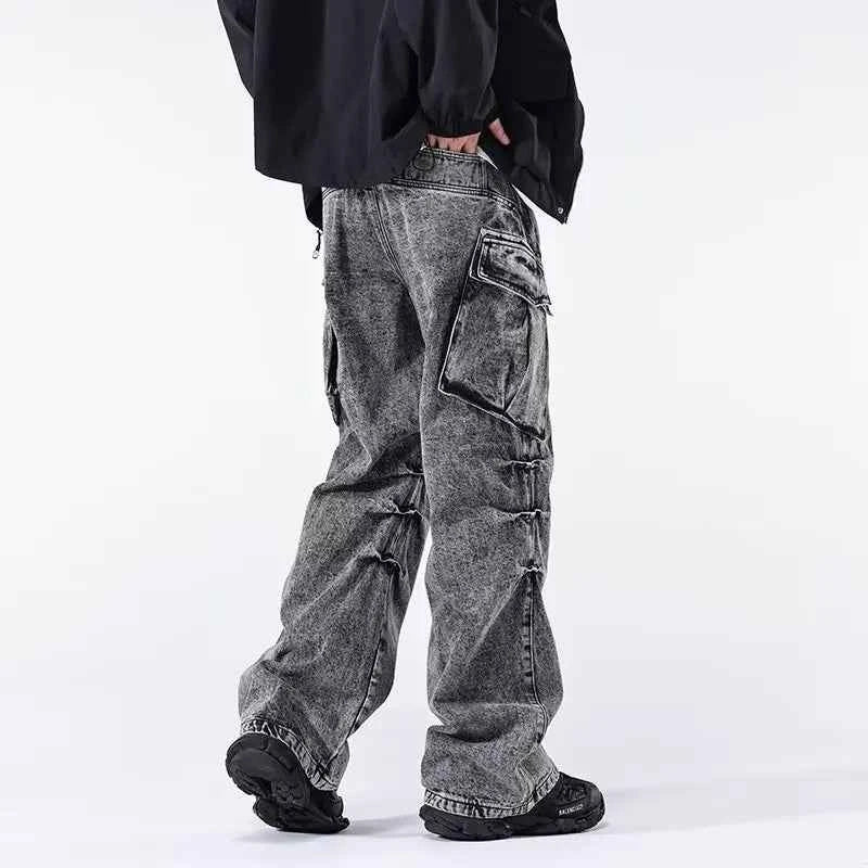 Minimal Look Gray Pleated Cargo Jeans