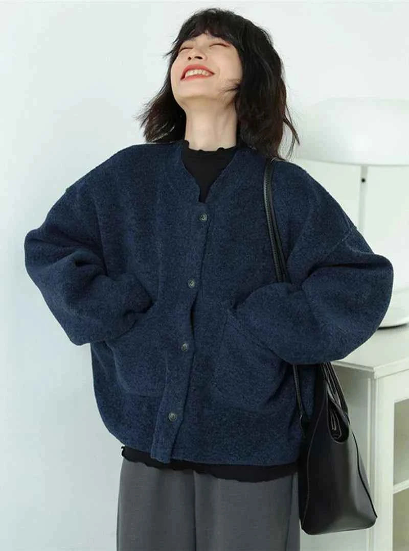 Women Classic Vintage Navy Blue Warm Cardigan