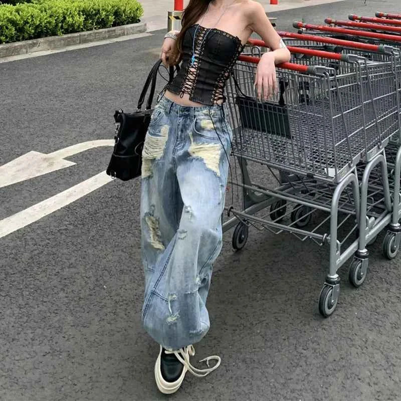 Breathable Comfort Vintage Ripped Wide Leg Jeans