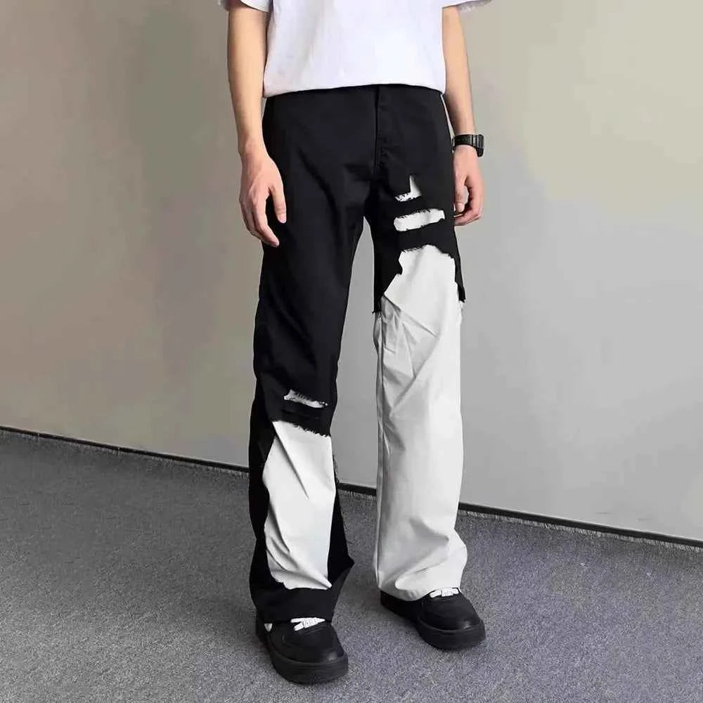 Irregular Stitching Black White Slim Jeans