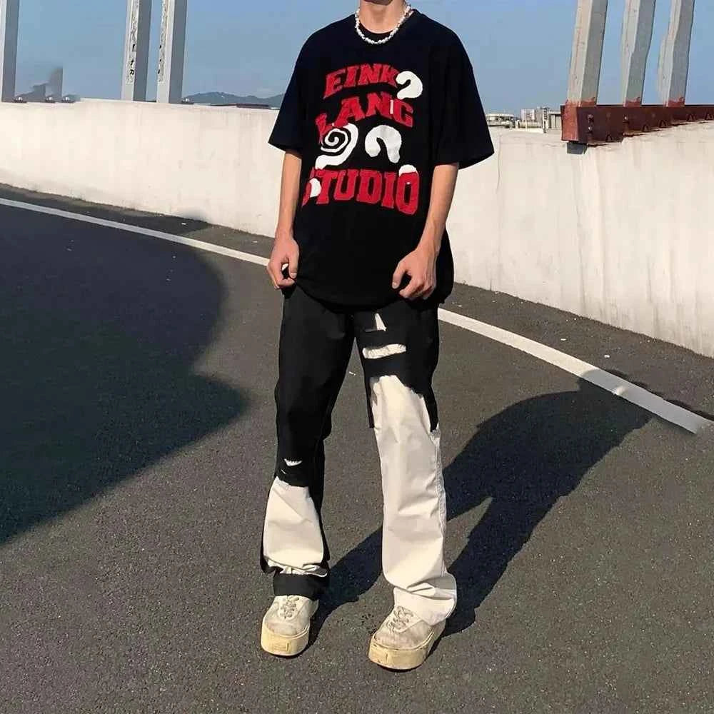 Irregular Stitching Black White Slim Jeans