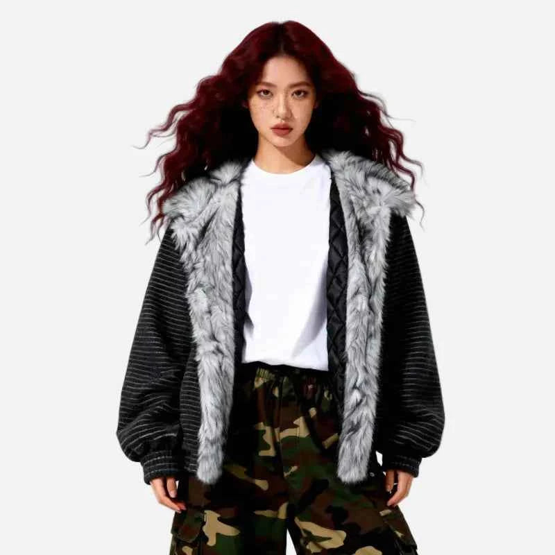 Warm Striped Fleece Lined Fur Jacket