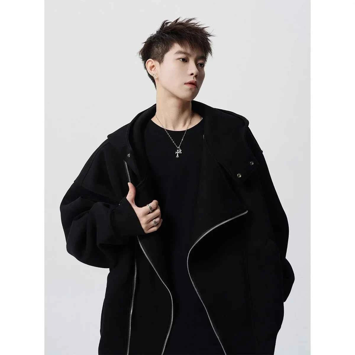 Irregular Design Double Zipper Hooded Sweatshirt