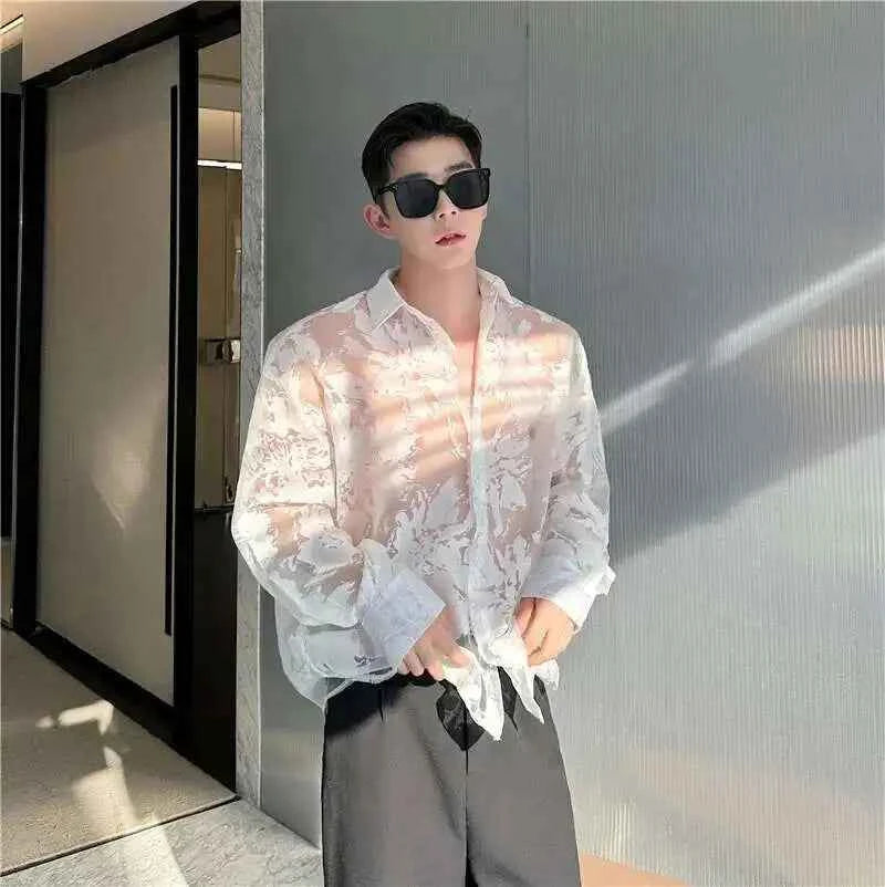 Men Translucent Printed Long Sleeve Shirt