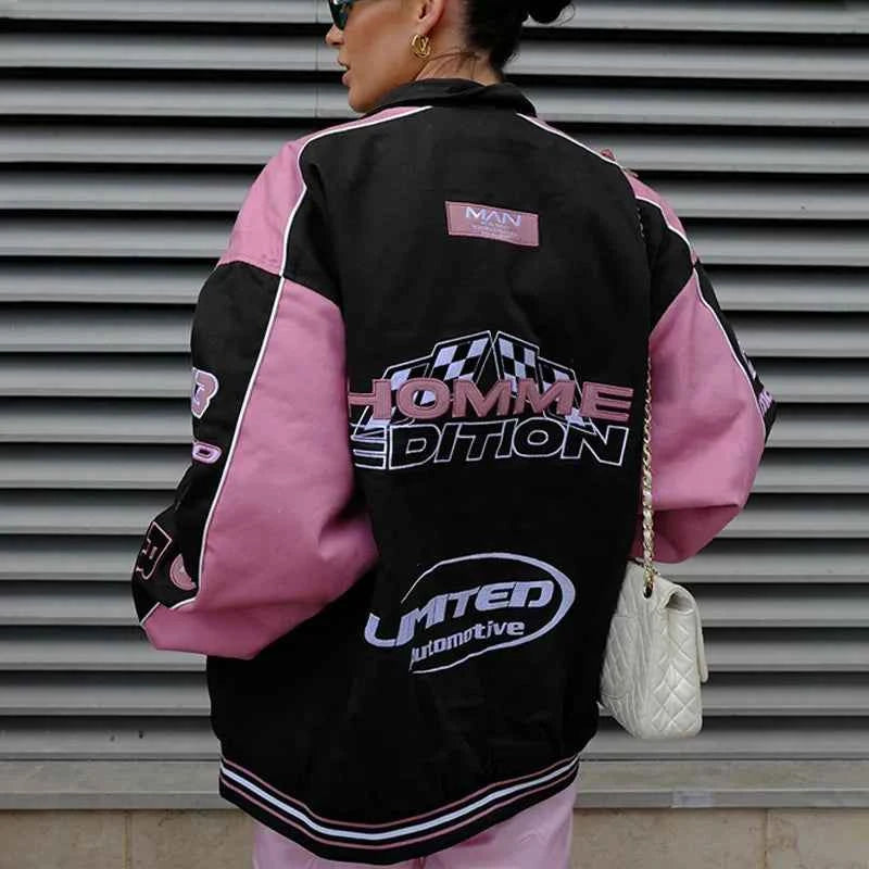 Graphic Modern Pink Patchwork Racer Jacket
