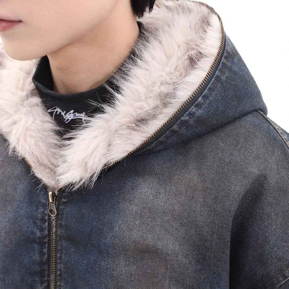 Winter Thickened Furry Hooded Denim Jacket