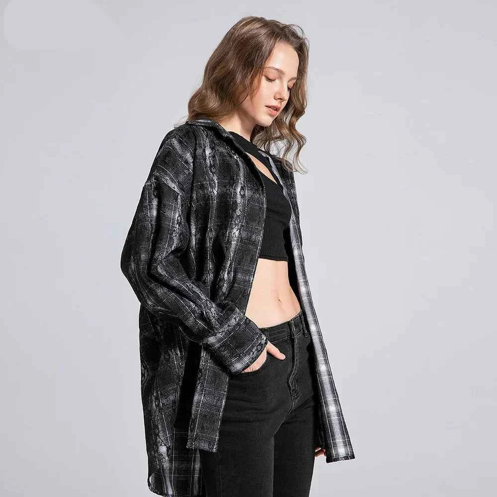 Women Retro Plaid Overshirt Long Sleeve Shirt