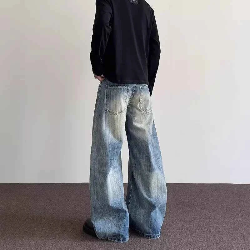 Vintage Washed Blue Textured Wide Jeans