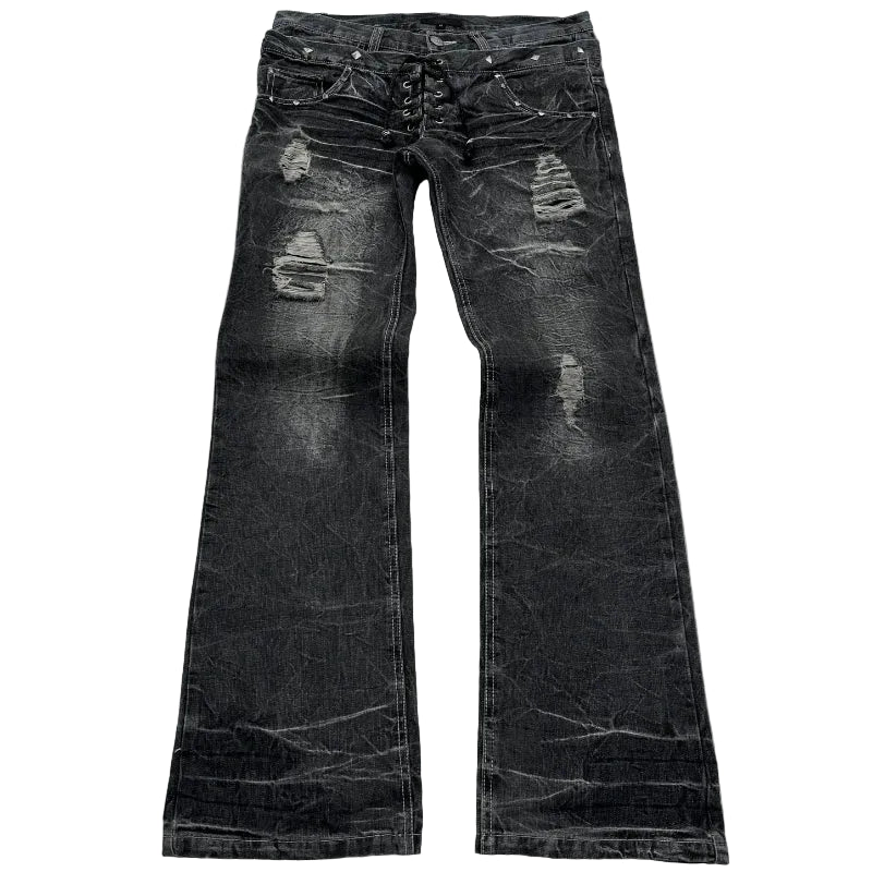 LUW Washed Retro Micro Flared Double Waisted Lace Up Unisex Jeans - Luxuryurbanwear
