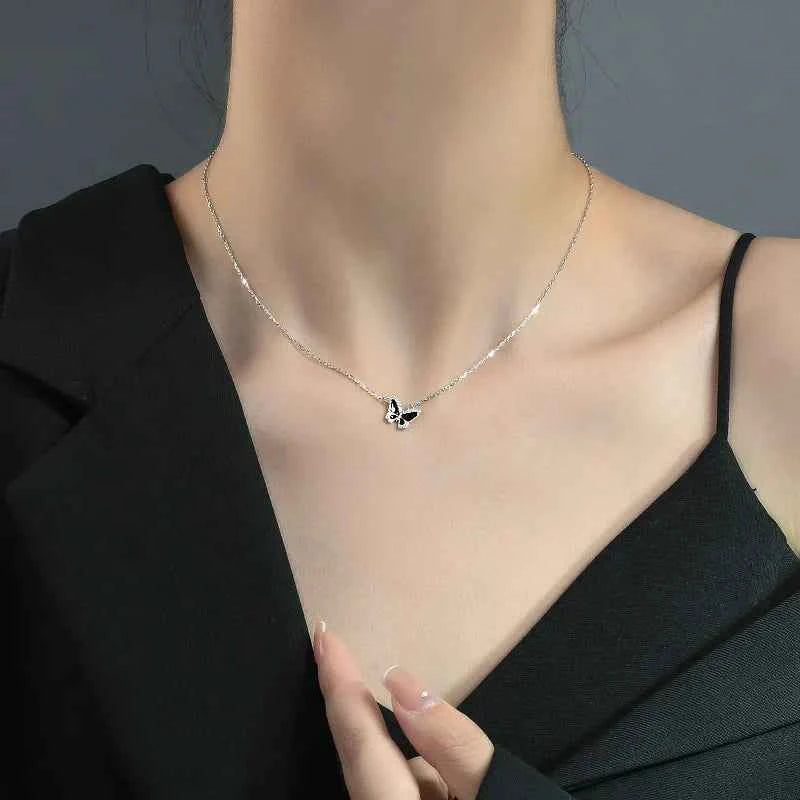 Elegant Silver Black Butterfly Necklace