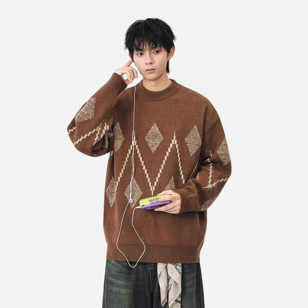 Cozy Argyle Knit Crew Neck Classic Sweater