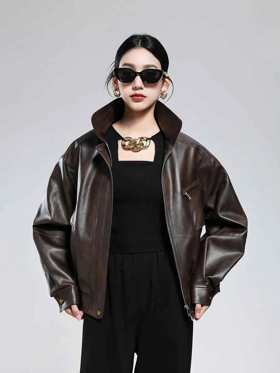 Casual Luxury Distressed Brown PU Leather Jacket