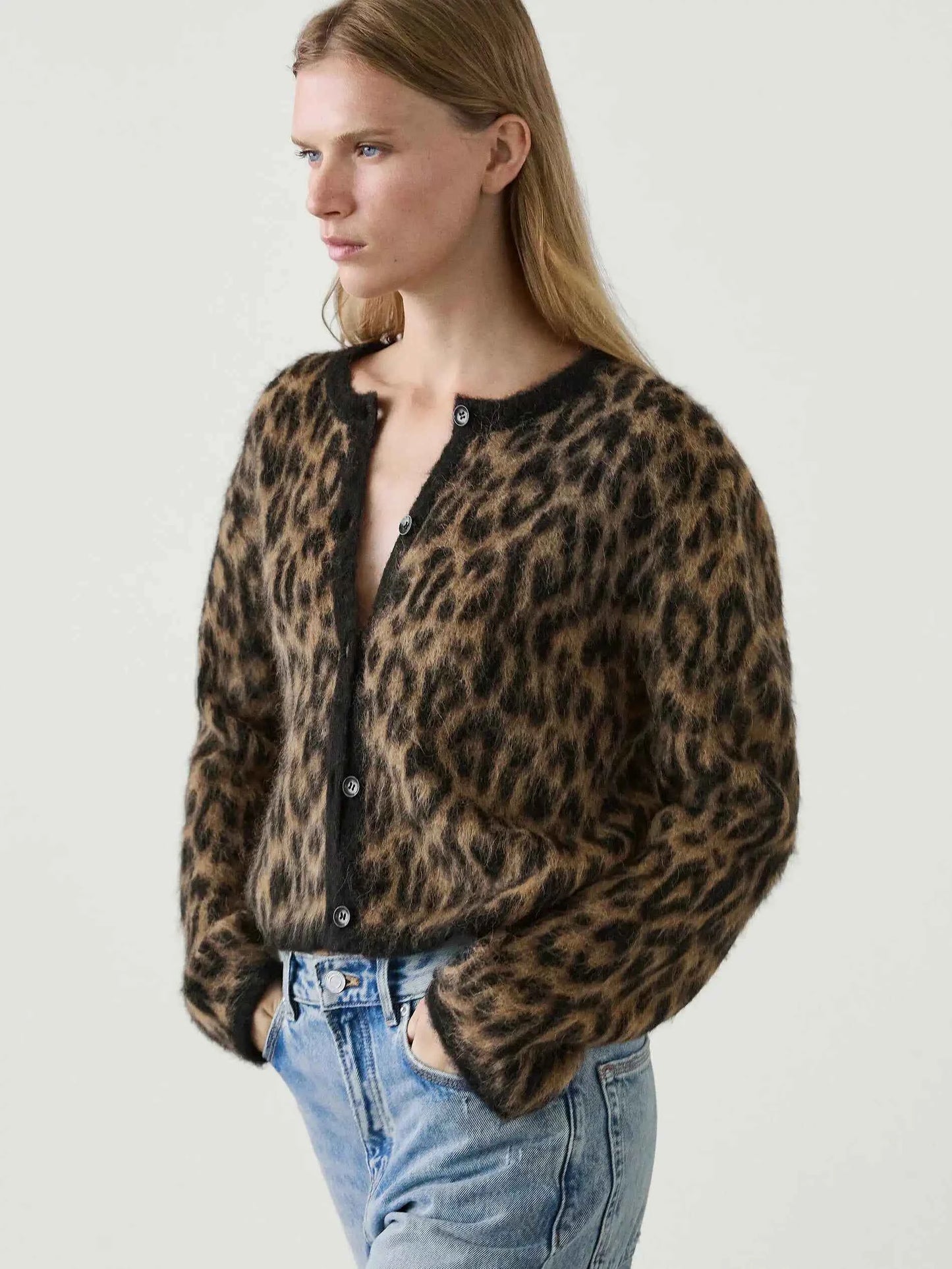 Ethereal Brown Leopard Print Round Neck Cardigan