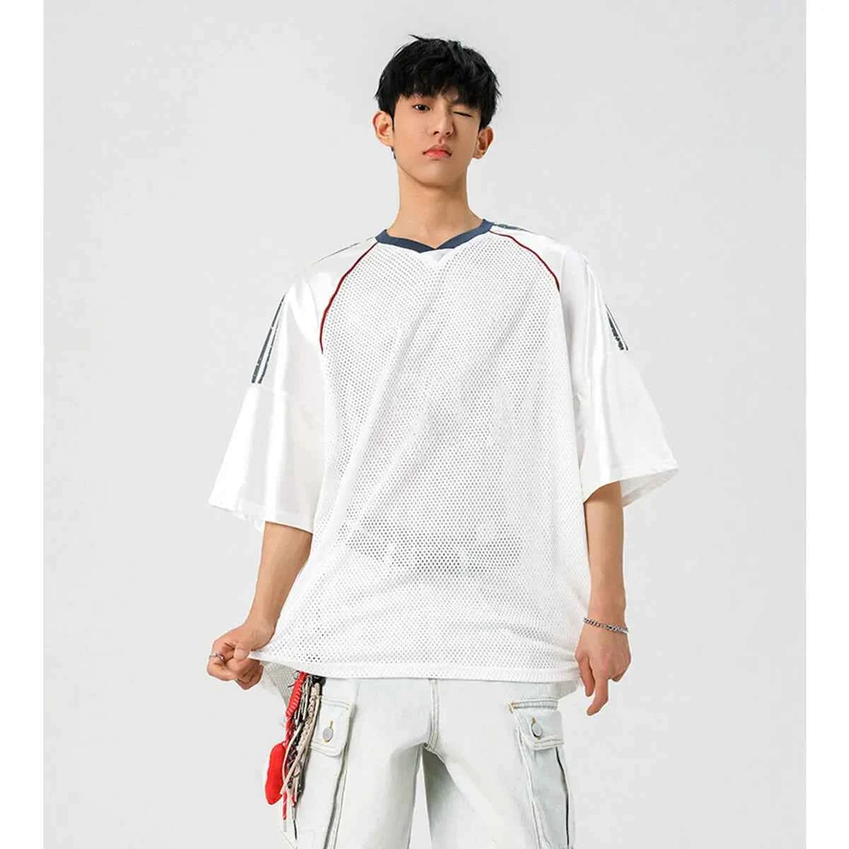 Casual Japanes Style Breathable Mesh V-Neck T-Shirt