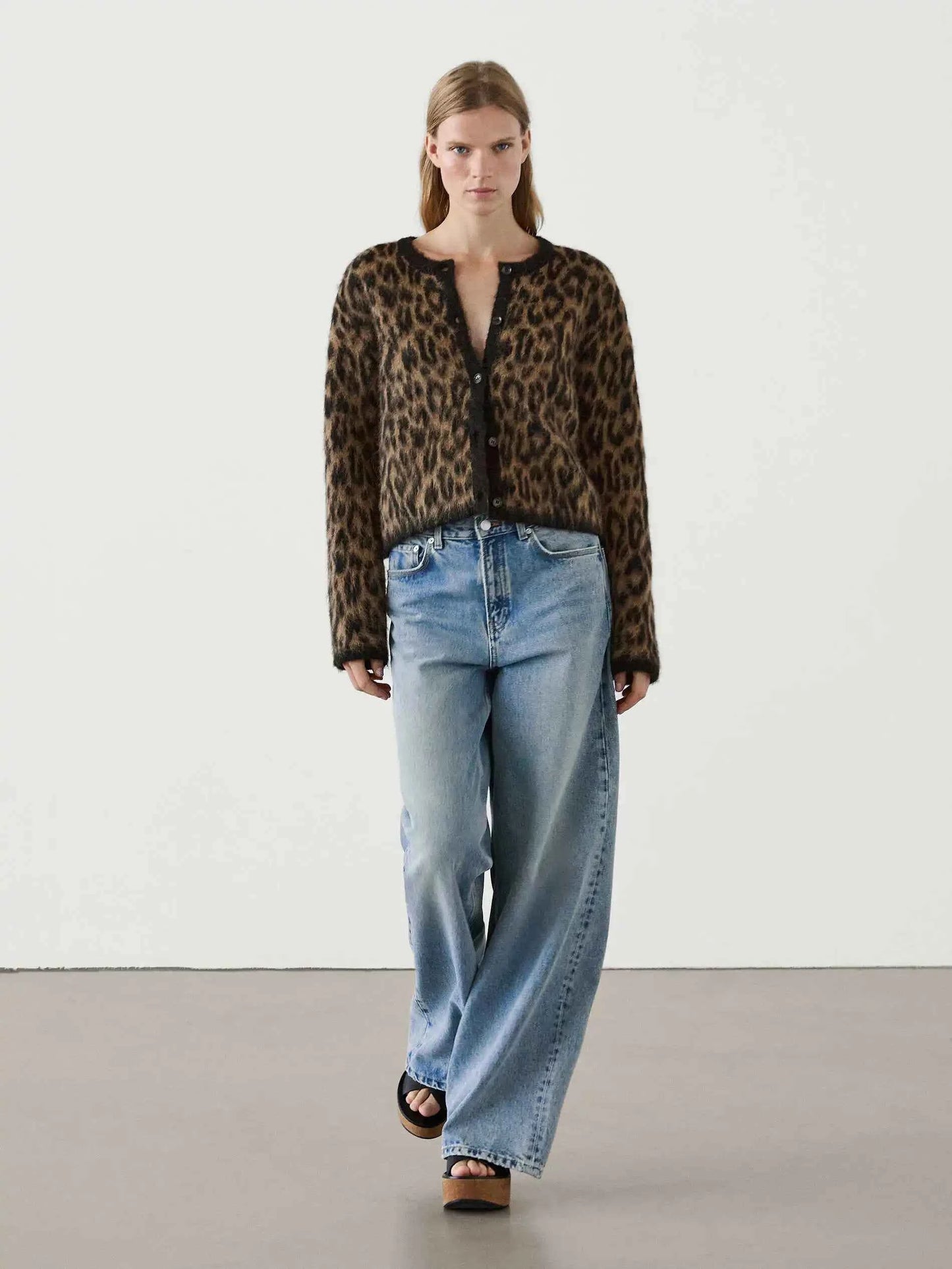 Ethereal Brown Leopard Print Round Neck Cardigan