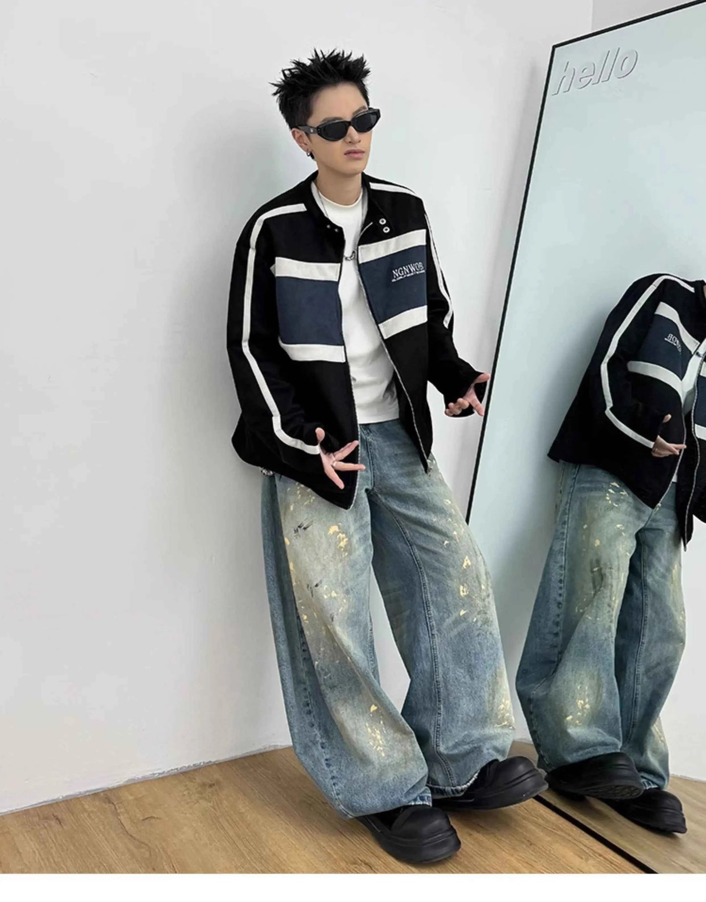 Vintage Contrast Motorcycle Suede Bomber Jacket