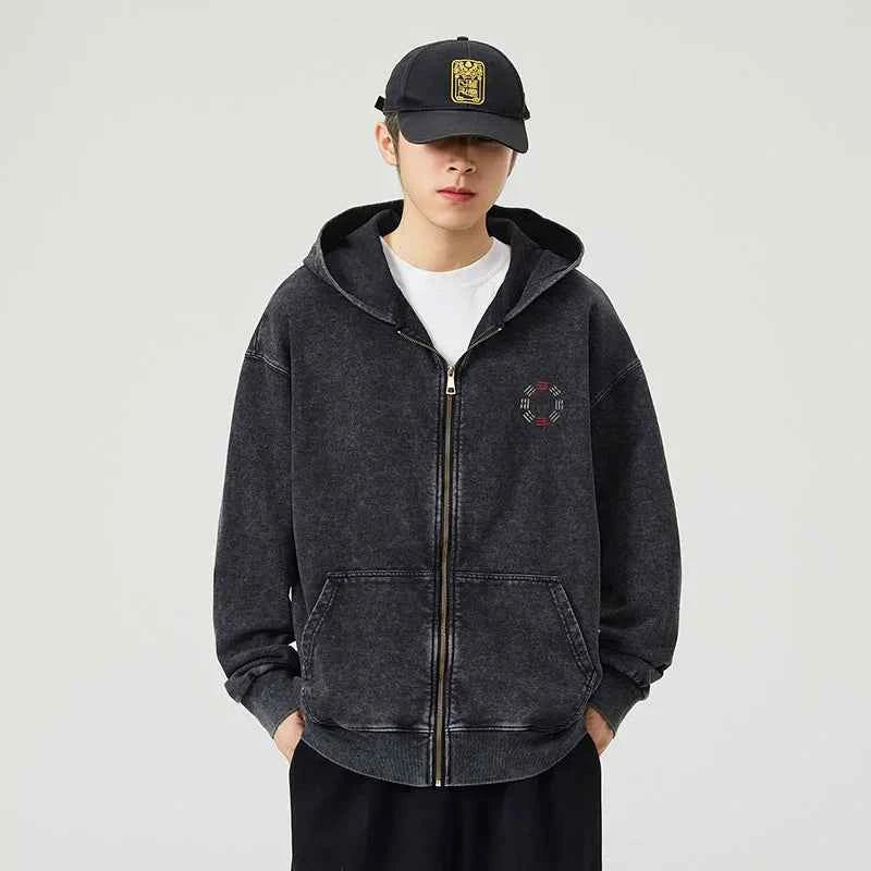 Washed Streetwear Embroidered Zip-Up Hooded Sweatshirt
