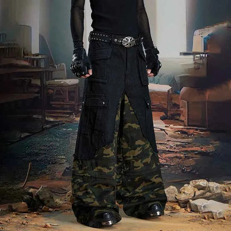 Streetwear Camouflage Splicing Wide Leg Cargo Jeans