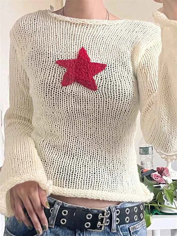 Y2K Streetwear Star Pattern Knitted Crew Neck Sweater