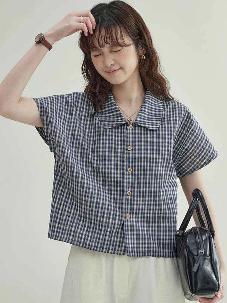 Woemn Streetwear Vintage Plaid Loose Summer Blouse Shirt
